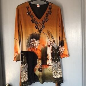 AZI Jeans lined Beaded Embellished Top XL long Sleeves gold black floral V neck